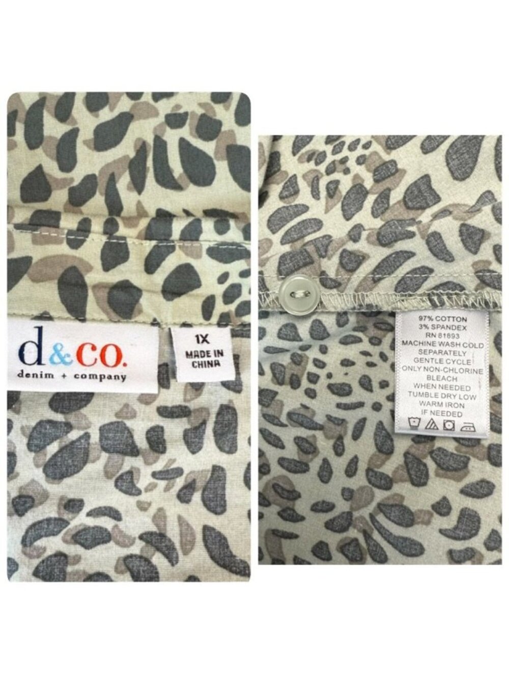 D & Co Womens 1X Green Animal Print Button-Down Blouse 3/4 Tab Sleeves L - Picture 9 of 10